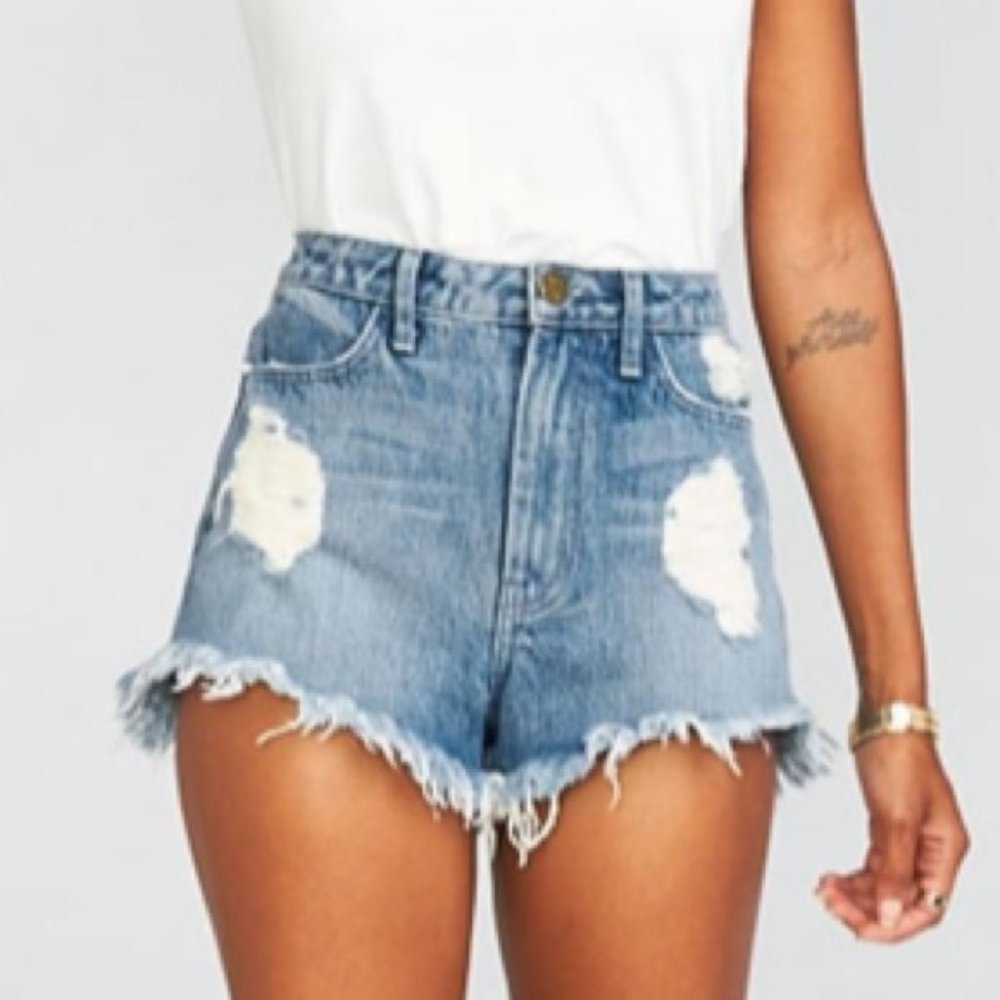 NWT Show Me‎ Your Mumu Dark Wash Wyoming High Rise Distressed Shorts Size 25